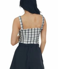 Umgee Tops Black Plaid Metallic Raw Detail Tank Top