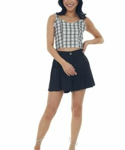 Umgee Tops Black Plaid Metallic Raw Detail Tank Top