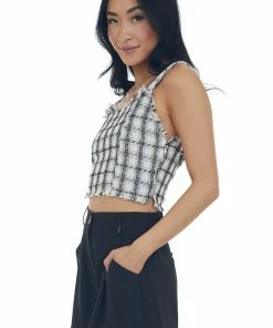 Umgee Tops Black Plaid Metallic Raw Detail Tank Top