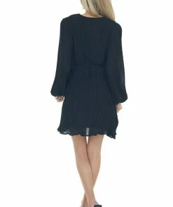 She + Sky Black Pleated Surplice Neck Waist Tie Dress 24 She + Sky Black Pleated Surplice Neck Waist Tie Dress