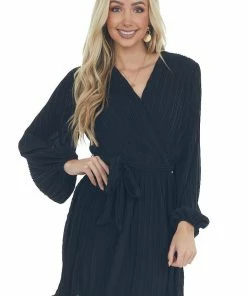 She + Sky Black Pleated Surplice Neck Waist Tie Dress