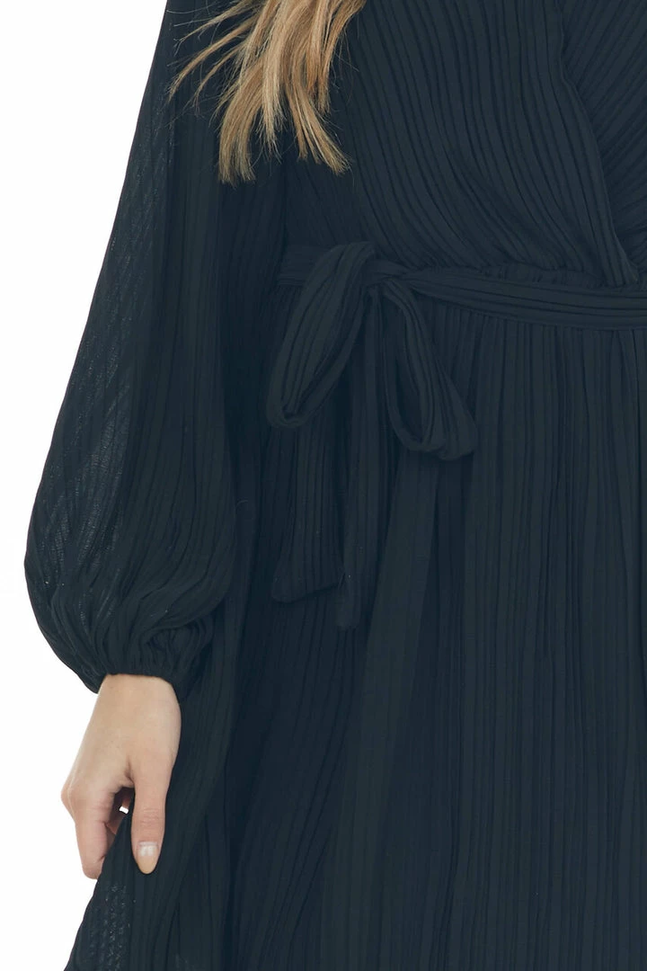 She + Sky Black Pleated Surplice Neck Waist Tie Dress 10 She + Sky Black Pleated Surplice Neck Waist Tie Dress