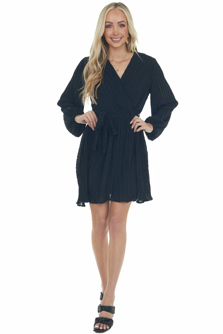 She + Sky Black Pleated Surplice Neck Waist Tie Dress 6 She + Sky Black Pleated Surplice Neck Waist Tie Dress