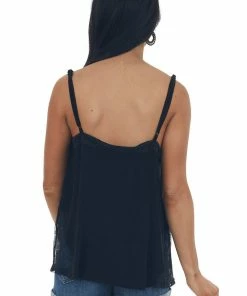 Ces Femme Black Pleated Tank Top With Lace Details