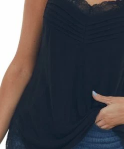 Ces Femme Black Pleated Tank Top With Lace Details