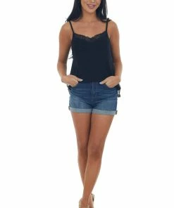 Ces Femme Black Pleated Tank Top With Lace Details