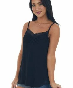 Ces Femme Black Pleated Tank Top With Lace Details