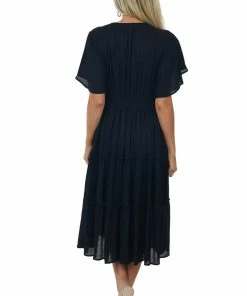 Umgee Black Plunge Neck Tiered Midi Dress