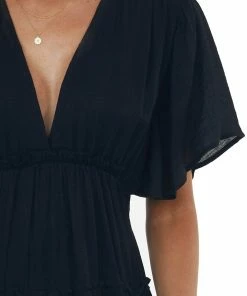 Umgee Black Plunge Neck Tiered Midi Dress