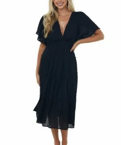 Umgee Black Plunge Neck Tiered Midi Dress