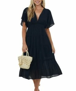 Umgee Black Plunge Neck Tiered Midi Dress