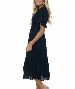 Umgee Black Plunge Neck Tiered Midi Dress