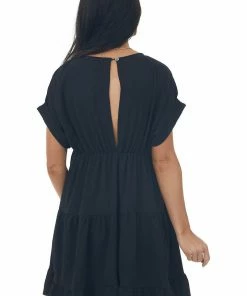 She + Sky Dresses Black Plunging Neck Cuffed Sleeve Tiered Dress