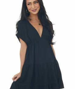 She + Sky Dresses Black Plunging Neck Cuffed Sleeve Tiered Dress
