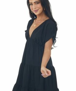She + Sky Dresses Black Plunging Neck Cuffed Sleeve Tiered Dress
