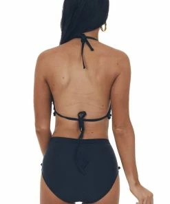 Davi & Dani Black Pom Pom And Mesh High Waisted Bikini Set