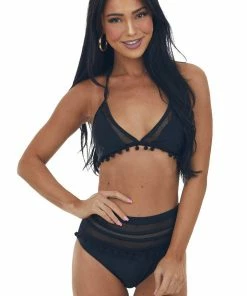 Davi & Dani Black Pom Pom And Mesh High Waisted Bikini Set