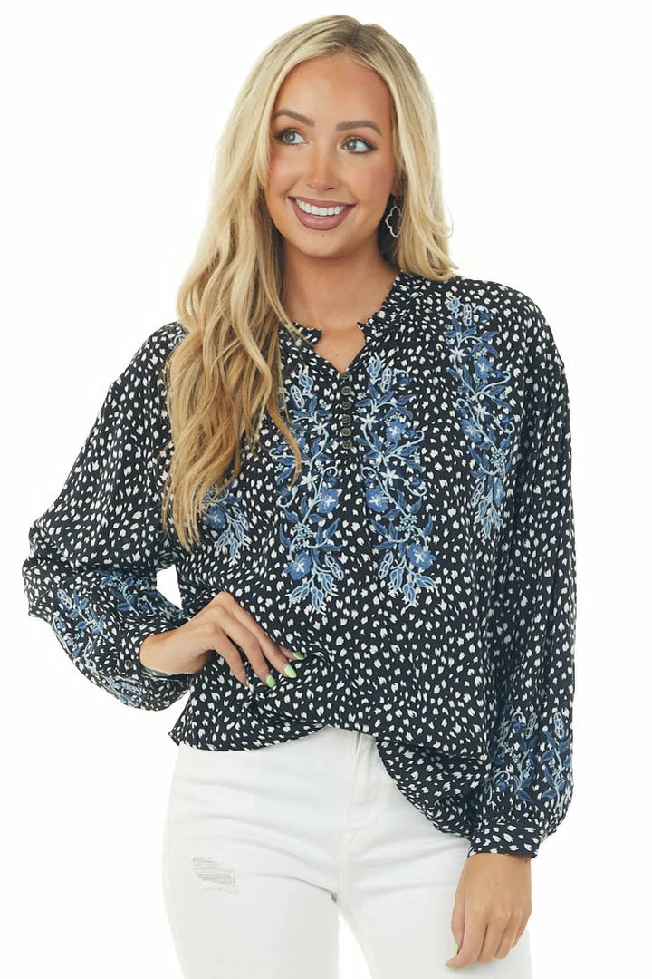 143 Story Tops Black Printed Floral Embroidery Blouse 3 143 Story Tops Black Printed Floral Embroidery Blouse