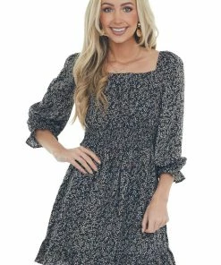 She + Sky Dresses Black Printed Long Bubble Sleeve Short Dress