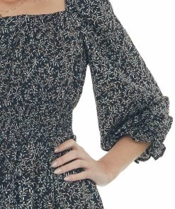 She + Sky Dresses Black Printed Long Bubble Sleeve Short Dress