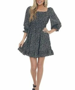 She + Sky Dresses Black Printed Long Bubble Sleeve Short Dress