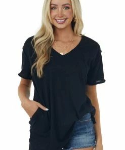 La Miel Tops Black Raw Edge Jersey Knit Pocket Tunic Top