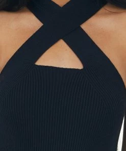 Vine & Love Black Ribbed Knit Criss Cross Halter Tank Top