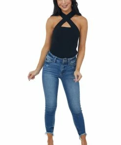 Vine & Love Black Ribbed Knit Criss Cross Halter Tank Top