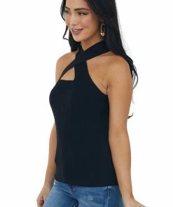 Vine & Love Black Ribbed Knit Criss Cross Halter Tank Top