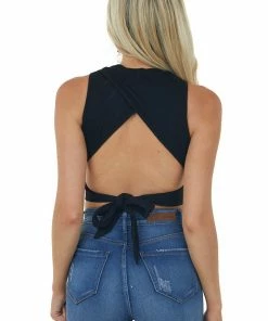 Miss Sparkling Tops Black Ribbed Knit Cropped Tank Top With Back Tie