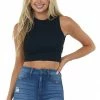 Miss Sparkling Tops Black Ribbed Knit Cropped Tank Top With Back Tie