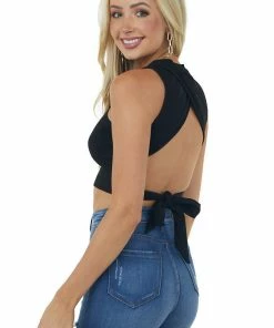 Miss Sparkling Tops Black Ribbed Knit Cropped Tank Top With Back Tie