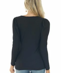 Vine & Love Tops Black Ribbed Knit Top With Puff Shoulders