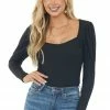 Vine & Love Tops Black Ribbed Knit Top With Puff Shoulders