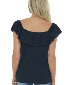 Haptics Tops Black Ribbed Knit Top With Ruffle Overlay