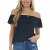 Haptics Tops Black Ribbed Knit Top With Ruffle Overlay