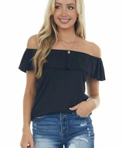 Haptics Tops Black Ribbed Knit Top With Ruffle Overlay