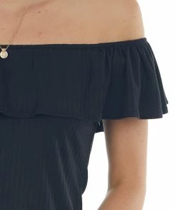 Haptics Tops Black Ribbed Knit Top With Ruffle Overlay