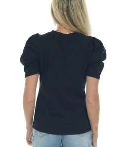 Ces Femme Black Ribbed Knit Top With Short Puff Sleeves Tops 16 Ces Femme Black Ribbed Knit Top With Short Puff Sleeves Tops