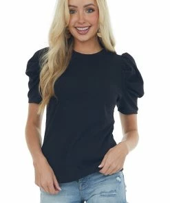 Ces Femme Black Ribbed Knit Top With Short Puff Sleeves Tops 12 Ces Femme Black Ribbed Knit Top With Short Puff Sleeves Tops