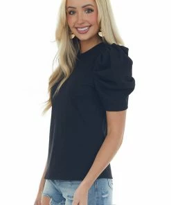 Ces Femme Black Ribbed Knit Top With Short Puff Sleeves Tops 15 Ces Femme Black Ribbed Knit Top With Short Puff Sleeves Tops