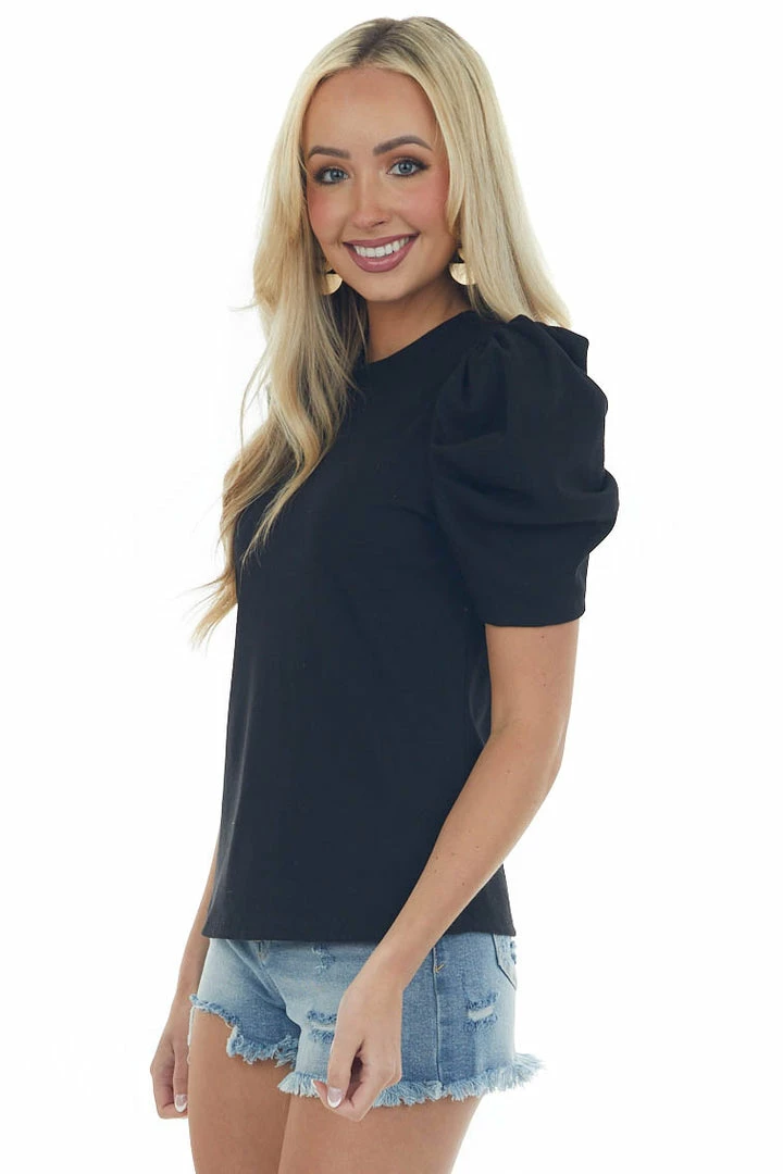 Ces Femme Black Ribbed Knit Top With Short Puff Sleeves Tops 8 Ces Femme Black Ribbed Knit Top With Short Puff Sleeves Tops