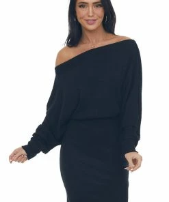 Lime Lush Black Ribbed Off Shoulder Dolman Sleeve Dress