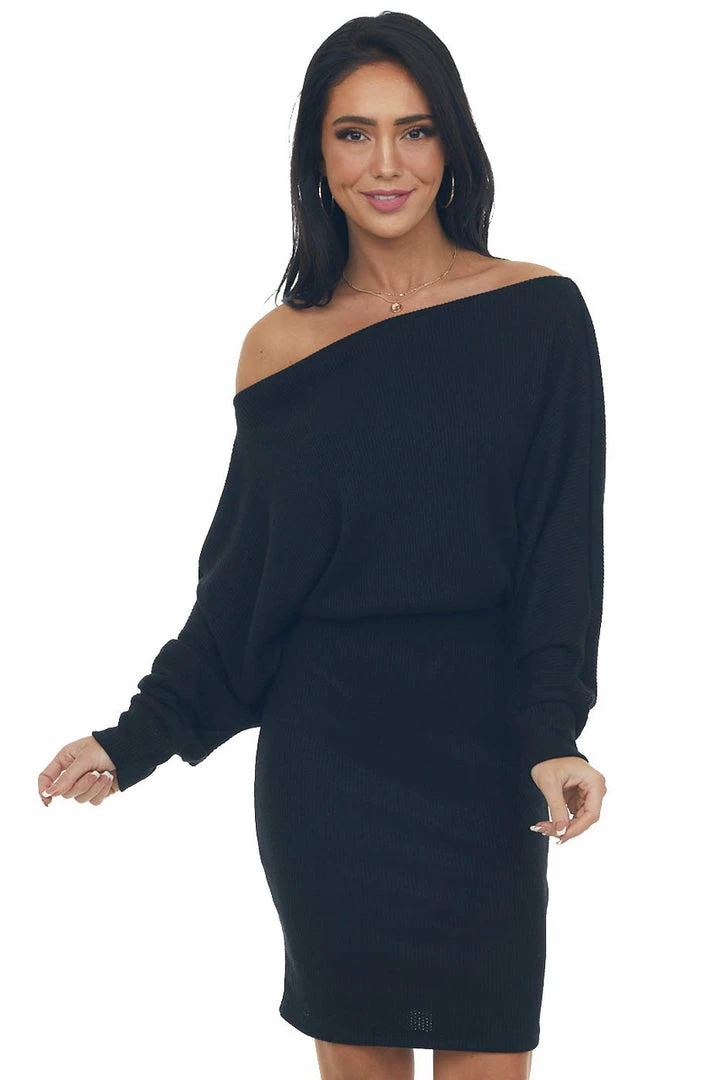 Lime Lush Black Ribbed Off Shoulder Dolman Sleeve Dress 3 Lime Lush Black Ribbed Off Shoulder Dolman Sleeve Dress