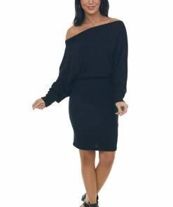 Lime Lush Black Ribbed Off Shoulder Dolman Sleeve Dress