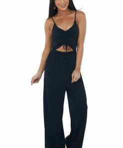 LIGHT SO SHINE Dresses Black Ruched Front Cut Out Wide Leg Jumpsuit