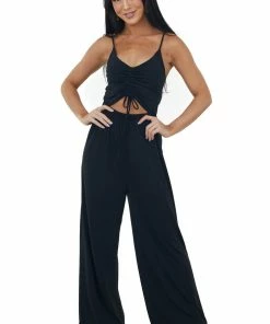 LIGHT SO SHINE Dresses Black Ruched Front Cut Out Wide Leg Jumpsuit