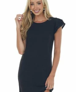 Ces Femme Dresses Black Ruffle Sleeve Ribbed Knit Shift Dress