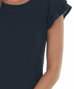 Ces Femme Dresses Black Ruffle Sleeve Ribbed Knit Shift Dress