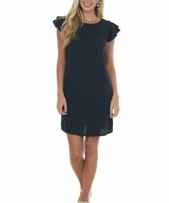 Ces Femme Dresses Black Ruffle Sleeve Ribbed Knit Shift Dress